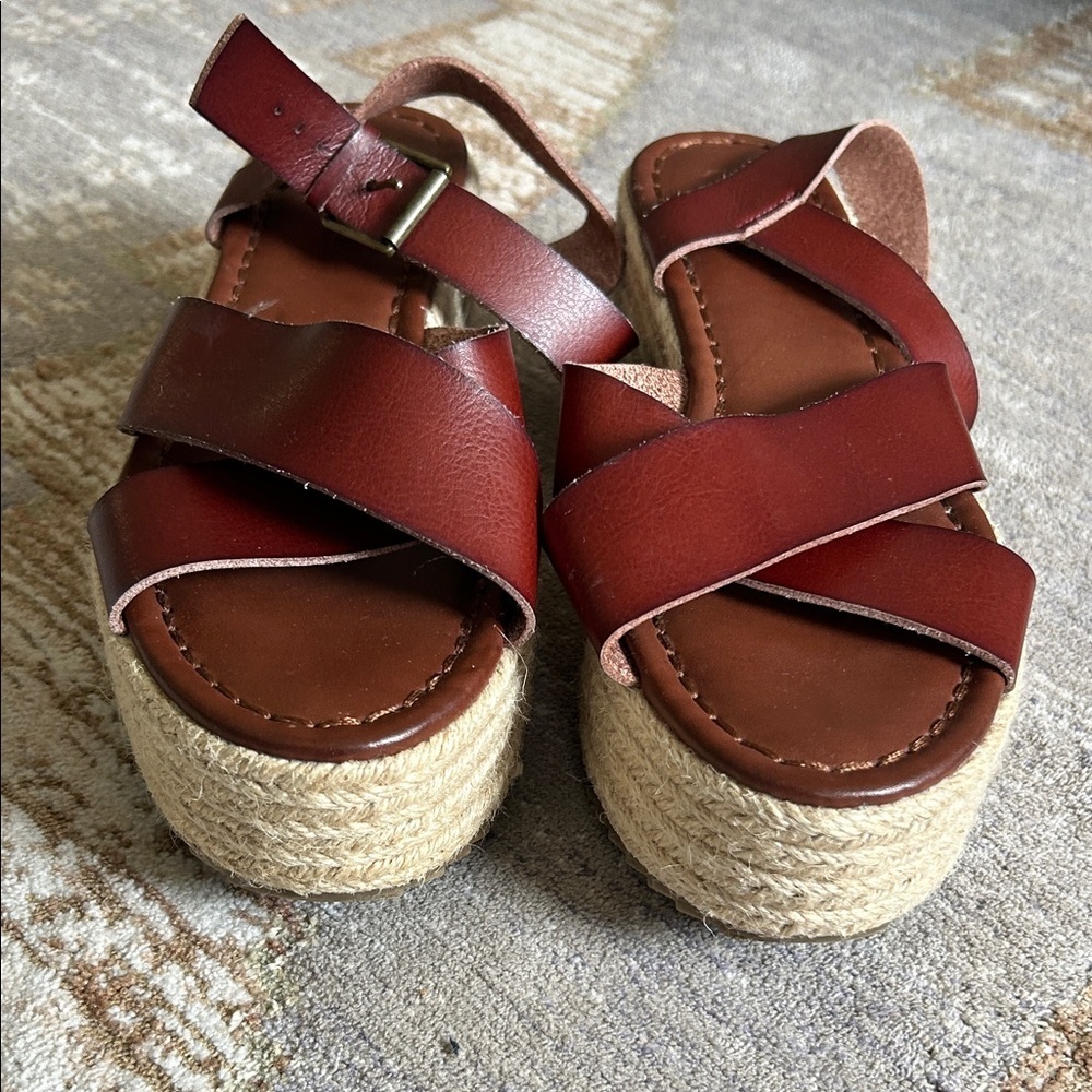 American Eagle Outfitters Brown Leather Platform Espadrille Sandals